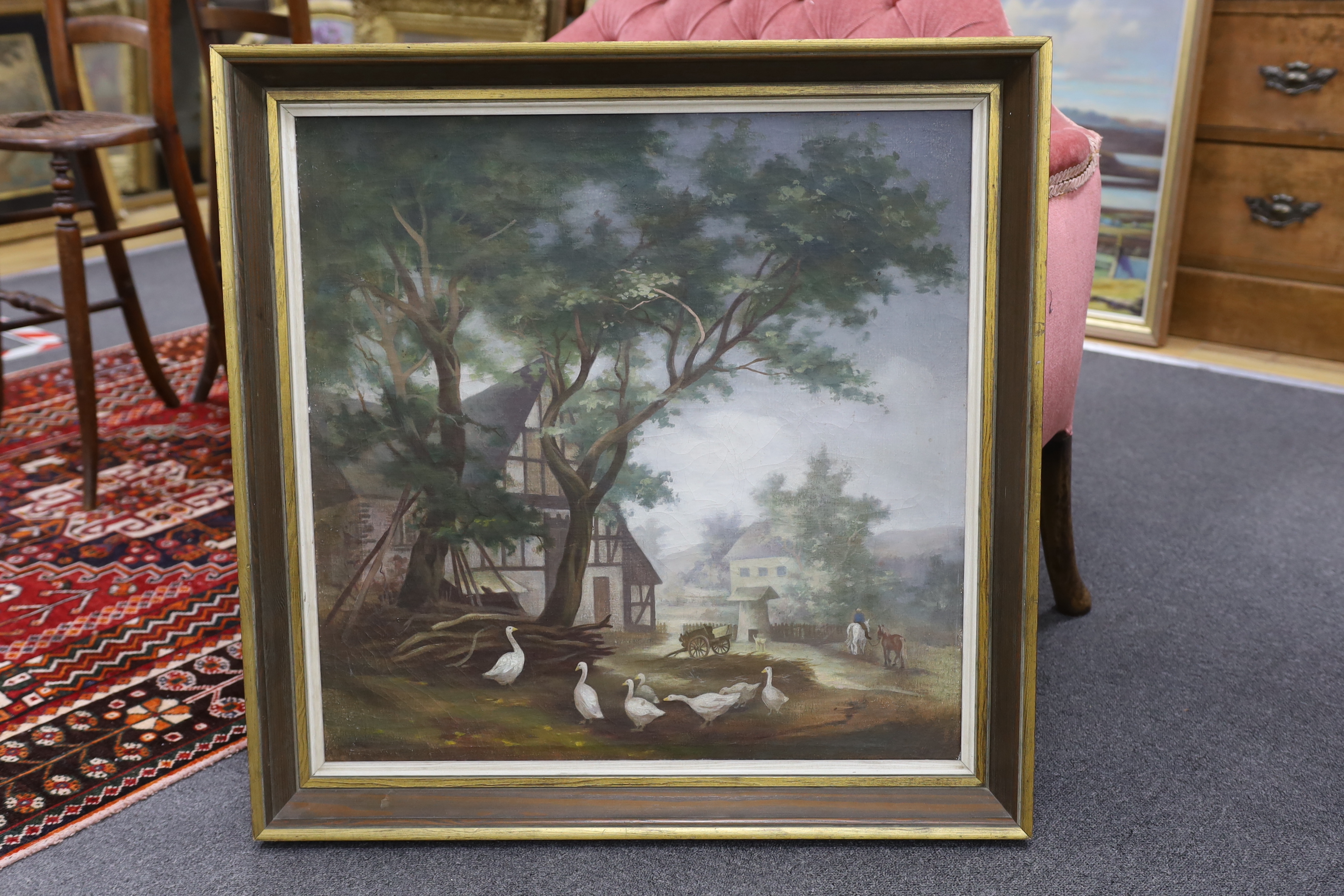 20th century, oil on canvas, Farmyard scene with figures and animals, 63 x 63cm